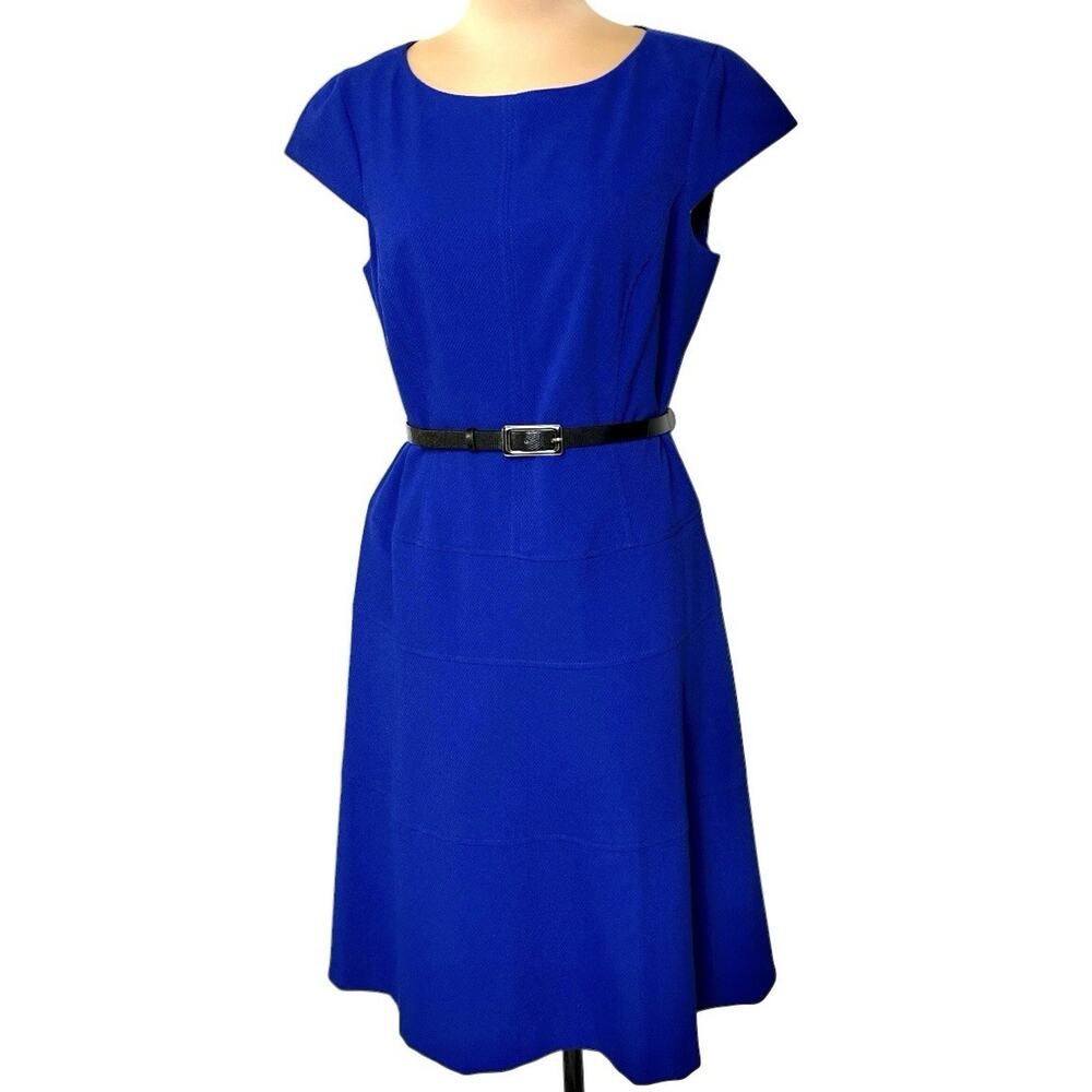 Anne Klein Blue Dress Size 14 Cap Sleeves Knee Length Black Belt Swingy Vintage